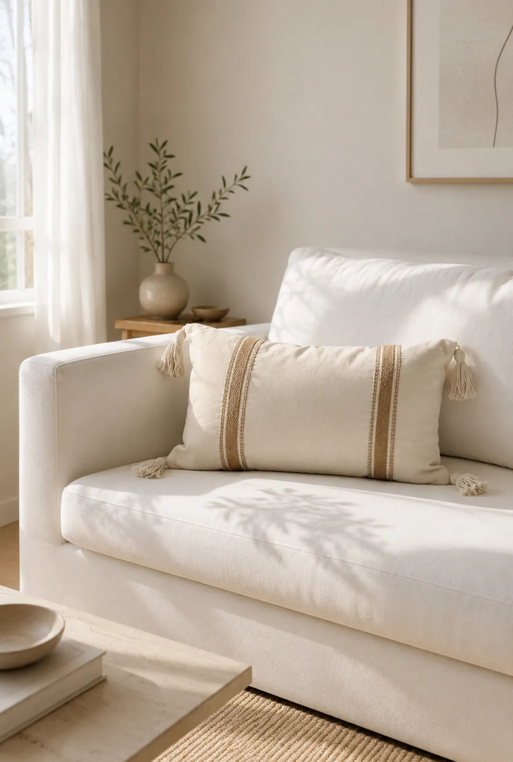 Cojin Nala rectangular blanco raya yute con borlas – vista adicional 1