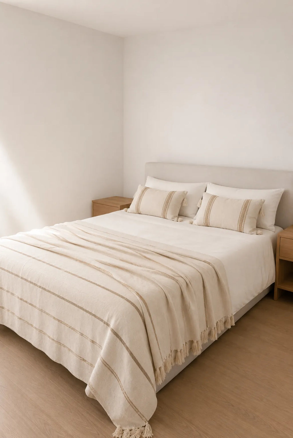 Cojin Nala rectangular blanco raya yute con borlas – vista adicional 3