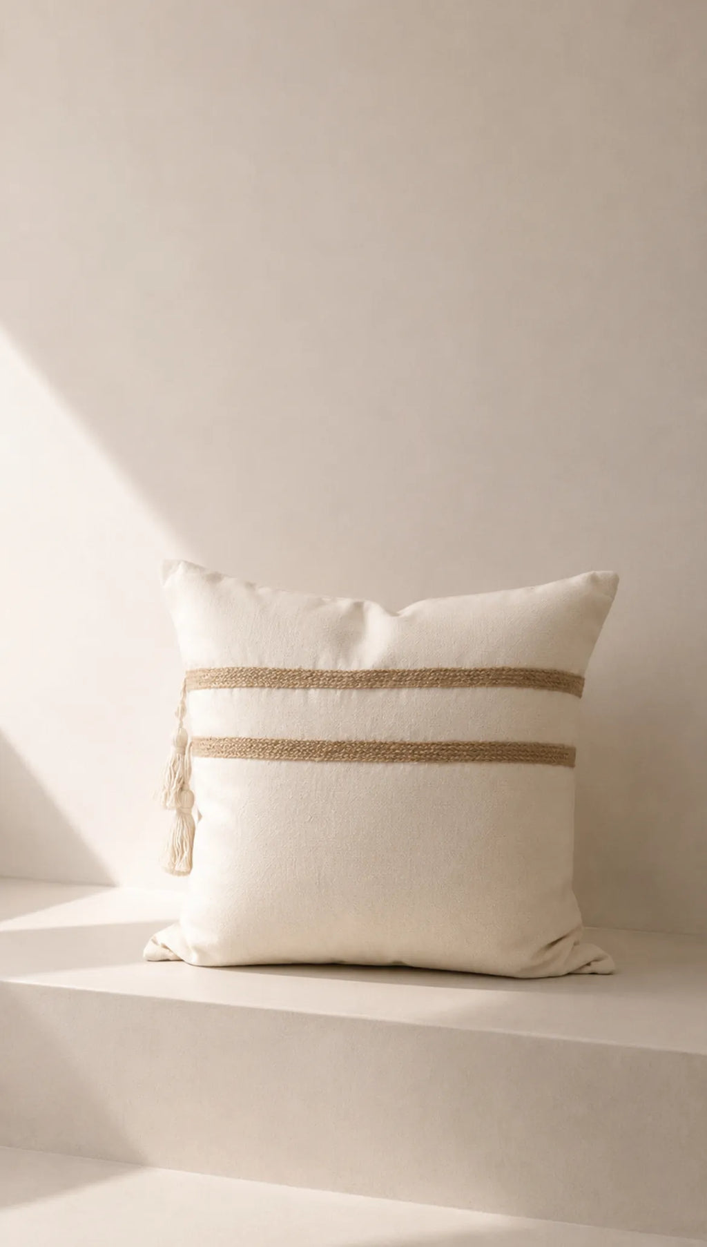 Cojin Nala Cuadrado blanco raya yute con borlas – vista principal